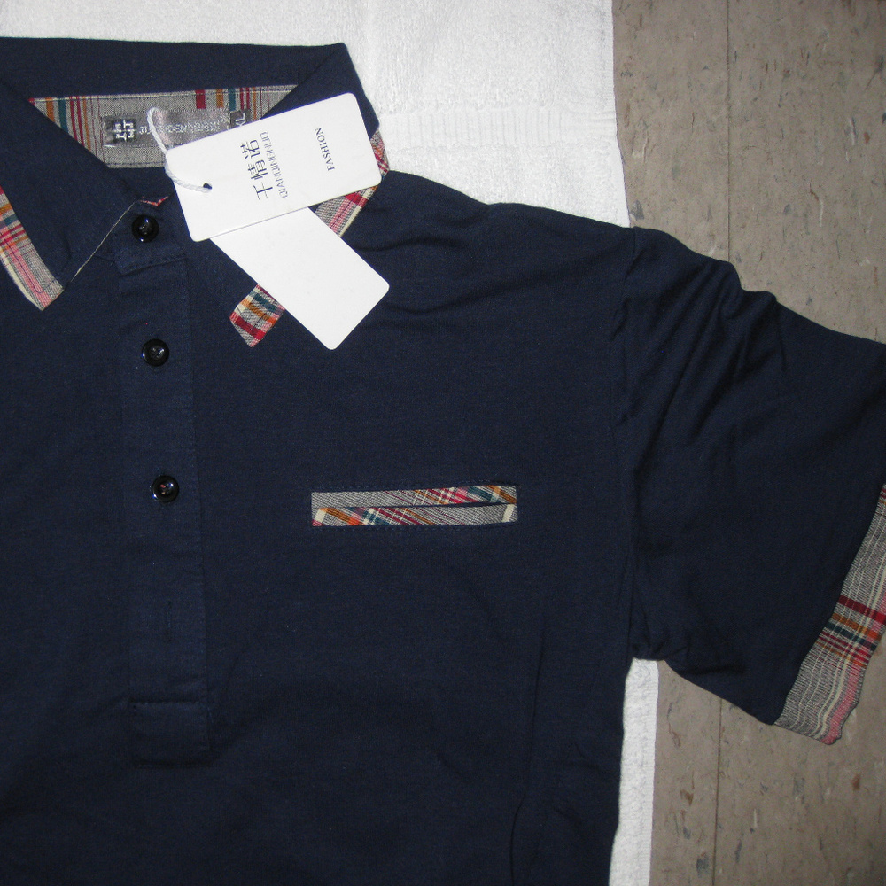NEW NAVY BLUE men's shirt plaid neck trim, Medium. FIRM. Bundle For discount